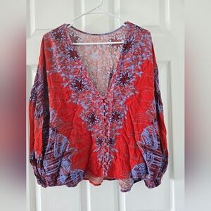 Free People Red & Blue Colorful Boho Floral & Bird Print Blouse - Large